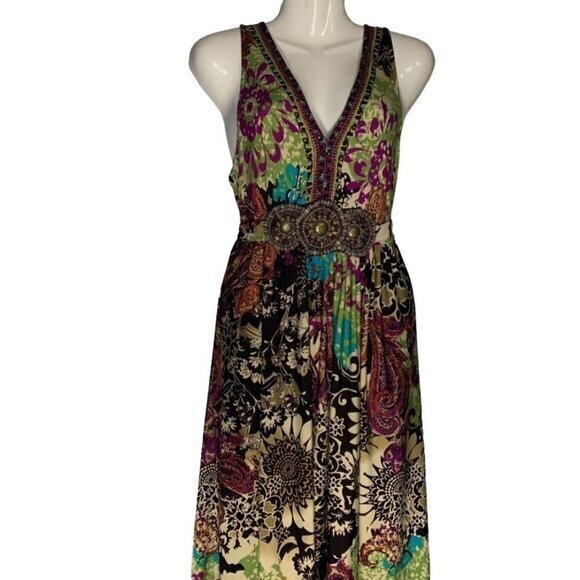 eci Sleeveless Maxi Dress Artsy Beaded Waist Boho Womens Size Small Pre-Owned - Picture 1 of 16
